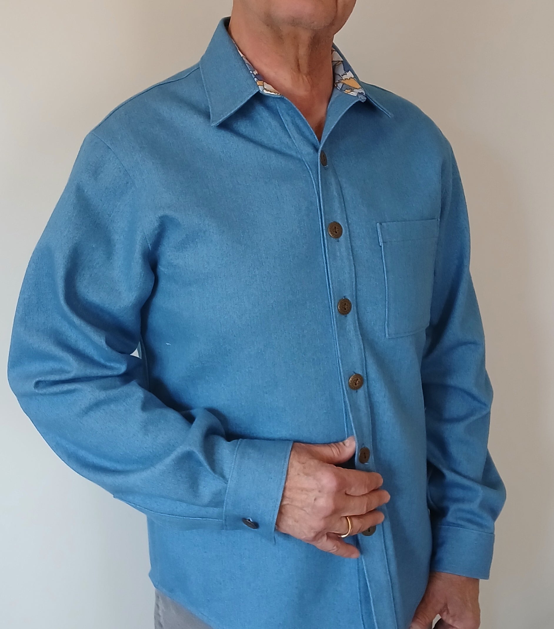 Men's Denim Long Sleeve Shirt Jacket, Contrast Collar & Cuffs
