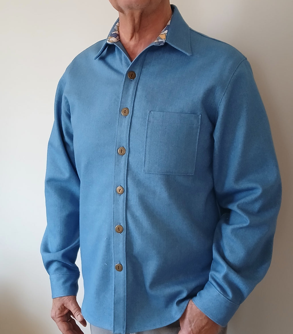 Men's Denim Long Sleeve Shirt Jacket, Contrast Collar & Cuffs