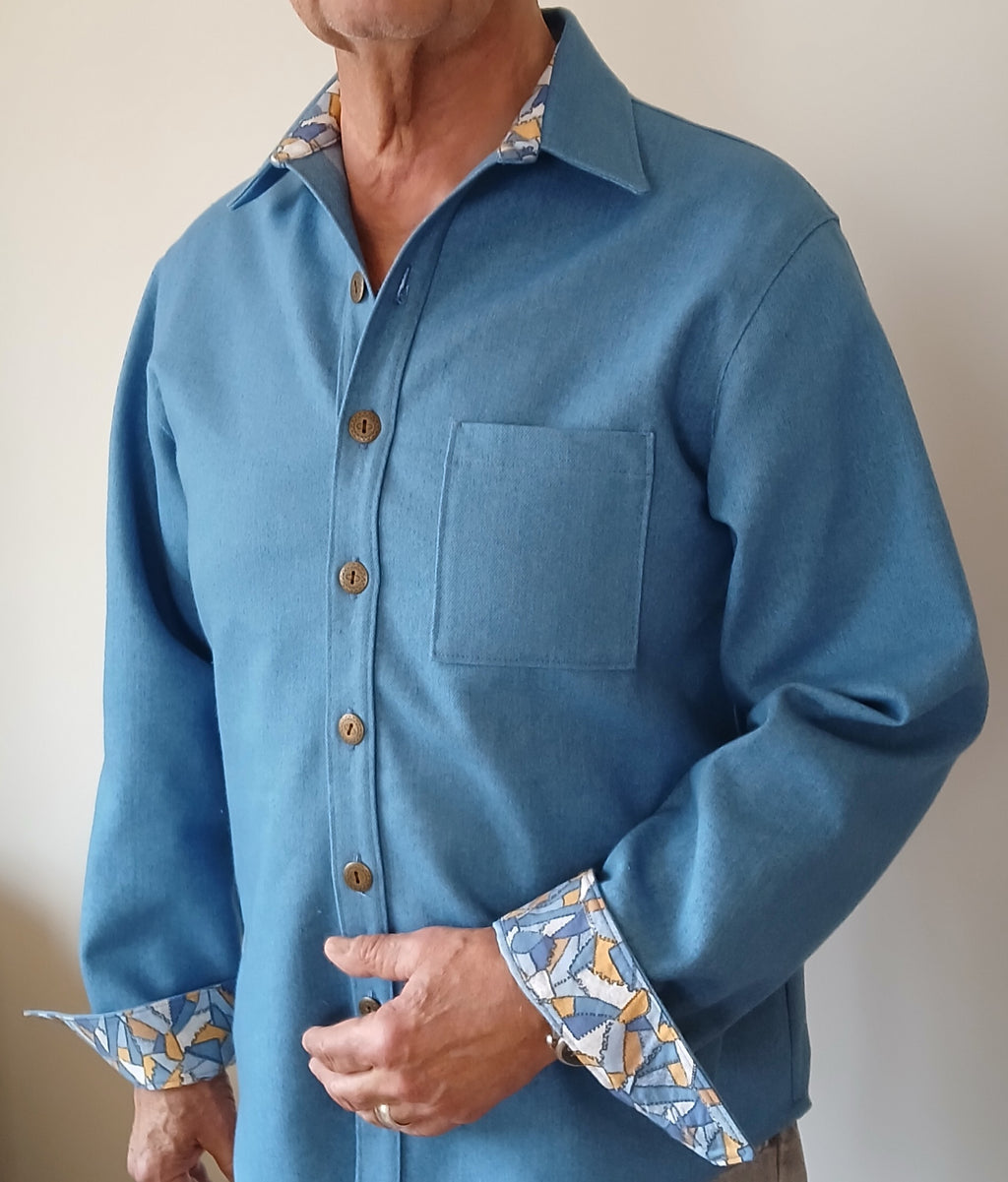 Men's Denim Long Sleeve Shirt Jacket, Contrast Collar & Cuffs