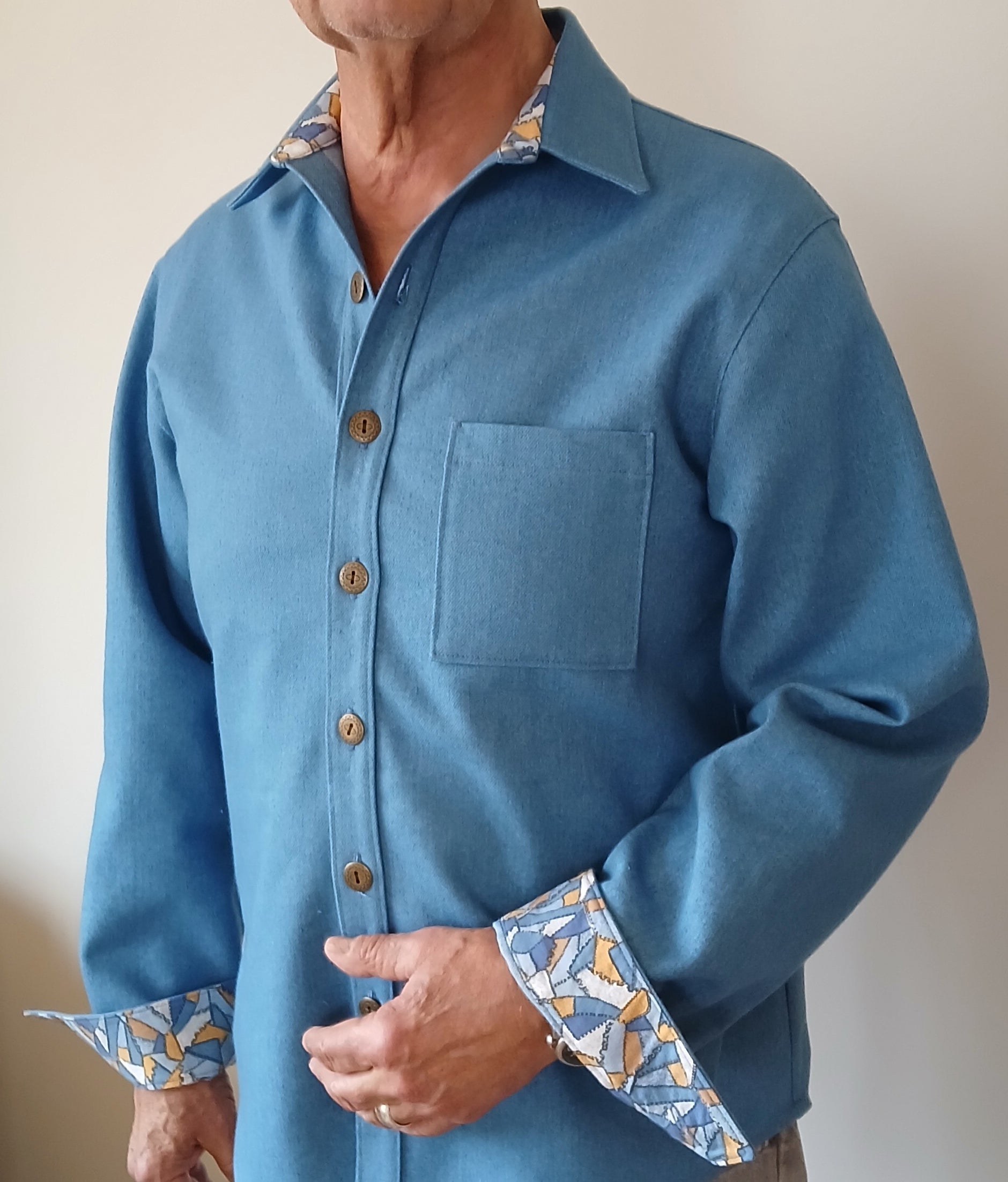 Men's Denim Long Sleeve Shirt Jacket, Contrast Collar & Cuffs