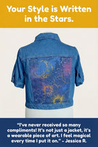 Upcycled Denim Jean Jacket, Celestial Gold Blue Quilted Panel