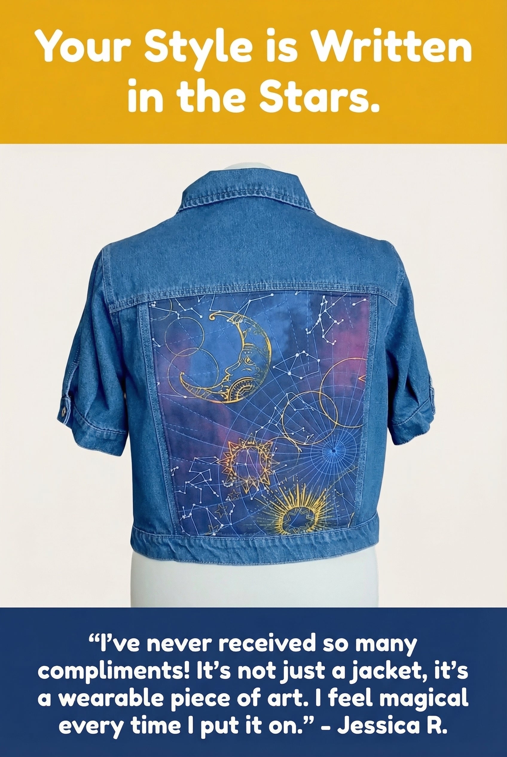 Upcycled Denim Jean Jacket, Celestial Gold Blue Quilted Panel