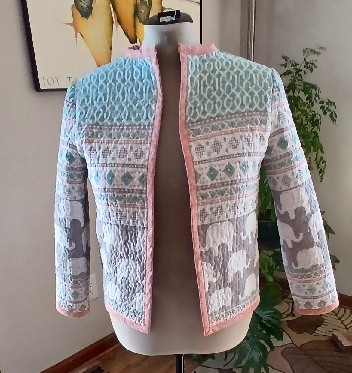 Upcycled Quilt Jacket, Elephant Print Cotton