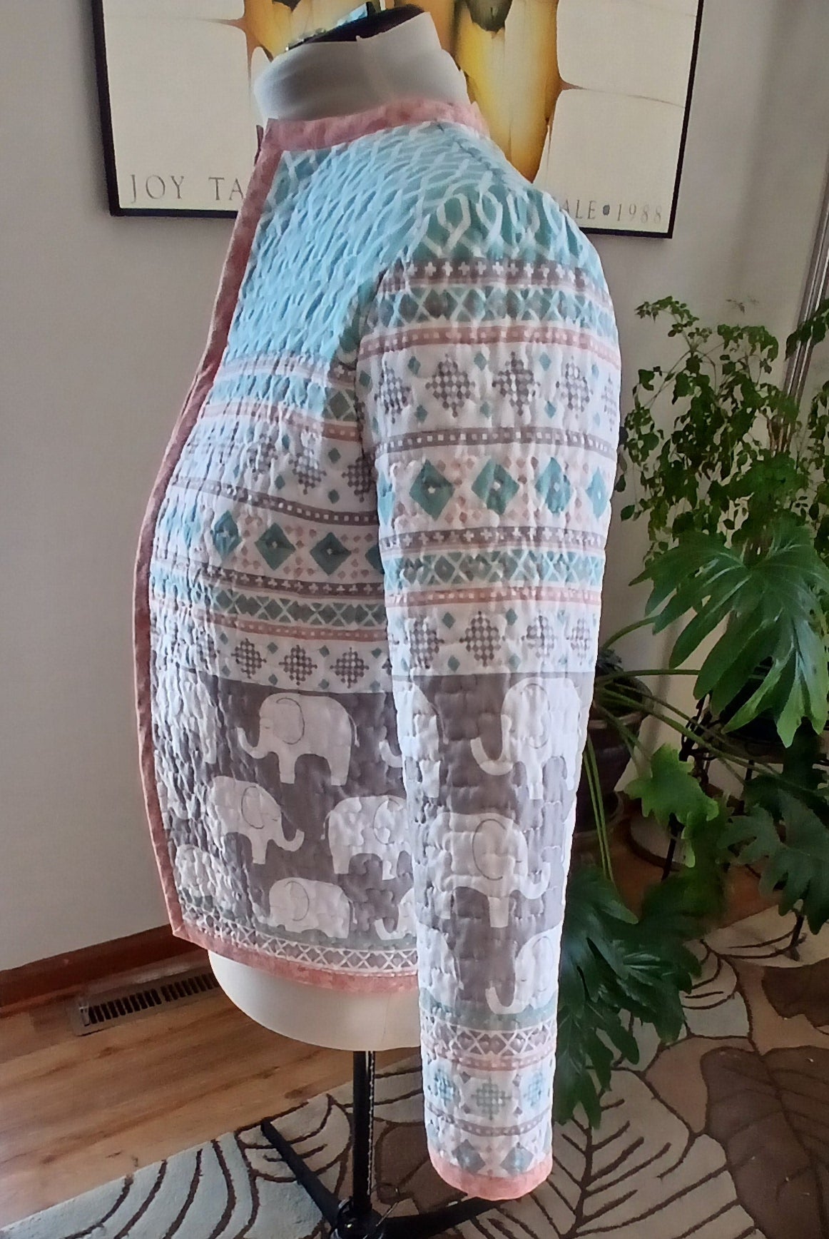 Upcycled Quilt Jacket, Elephant Print Cotton
