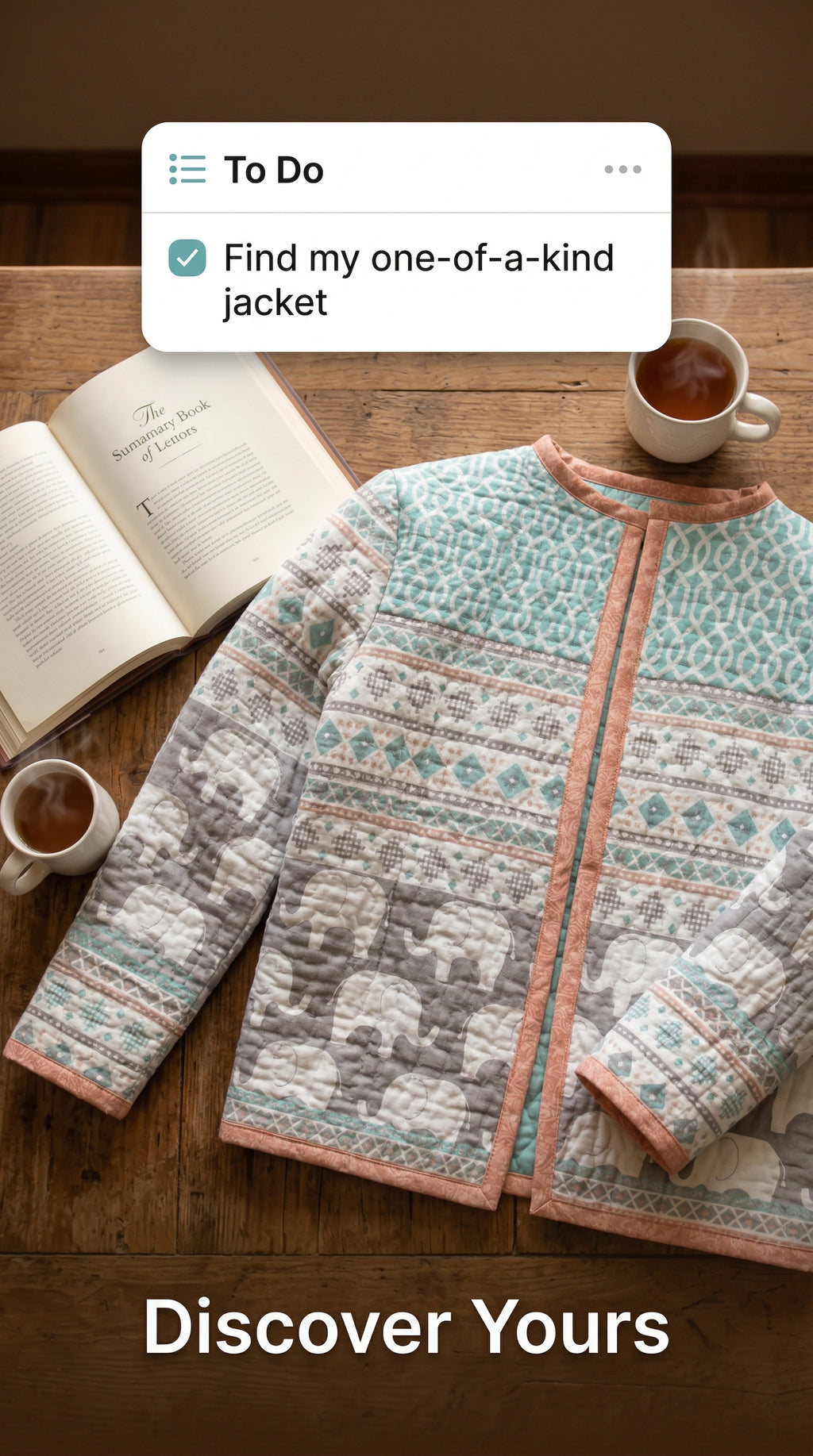 Upcycled Quilt Jacket, Elephant Print Cotton