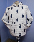 Upcycled Quilt Hoodie, Blue and White Fish Design