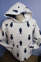 Upcycled Quilt Hoodie, Blue and White Fish Design