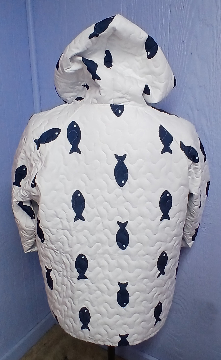 Upcycled Quilt Hoodie, Blue and White Fish Design