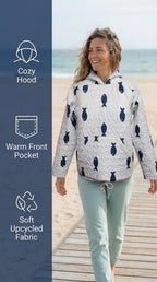 Upcycled Quilt Hoodie, Blue and White Fish Design