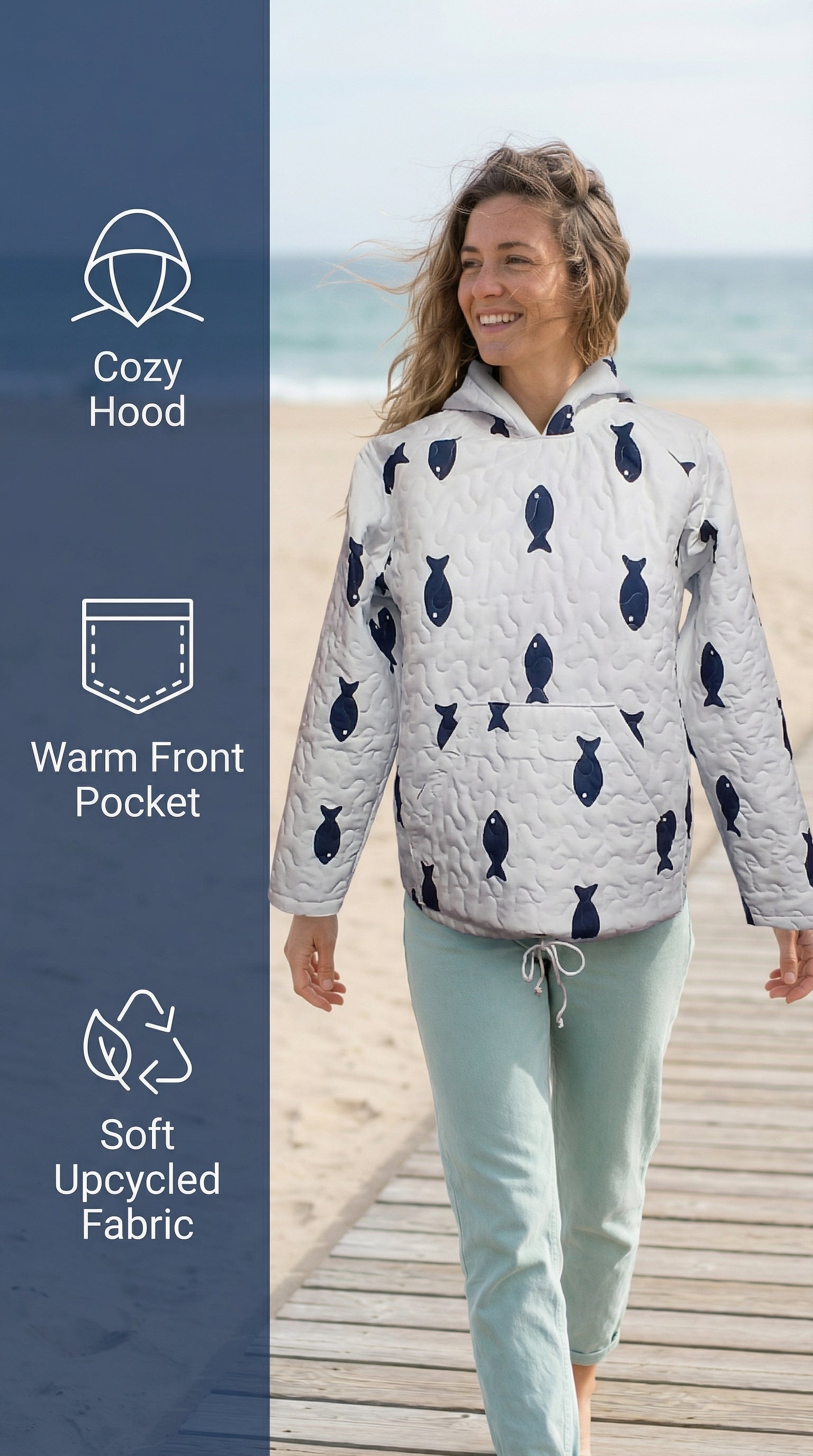 Upcycled Quilt Hoodie, Blue and White Fish Design