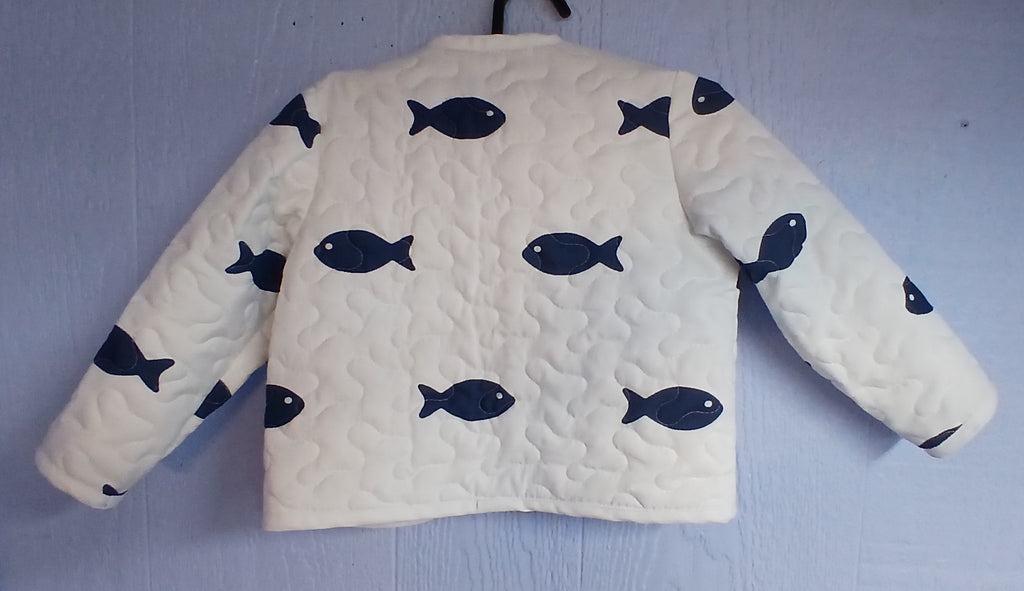 Toddler's Quilted Jacket, White with Blue Fishes