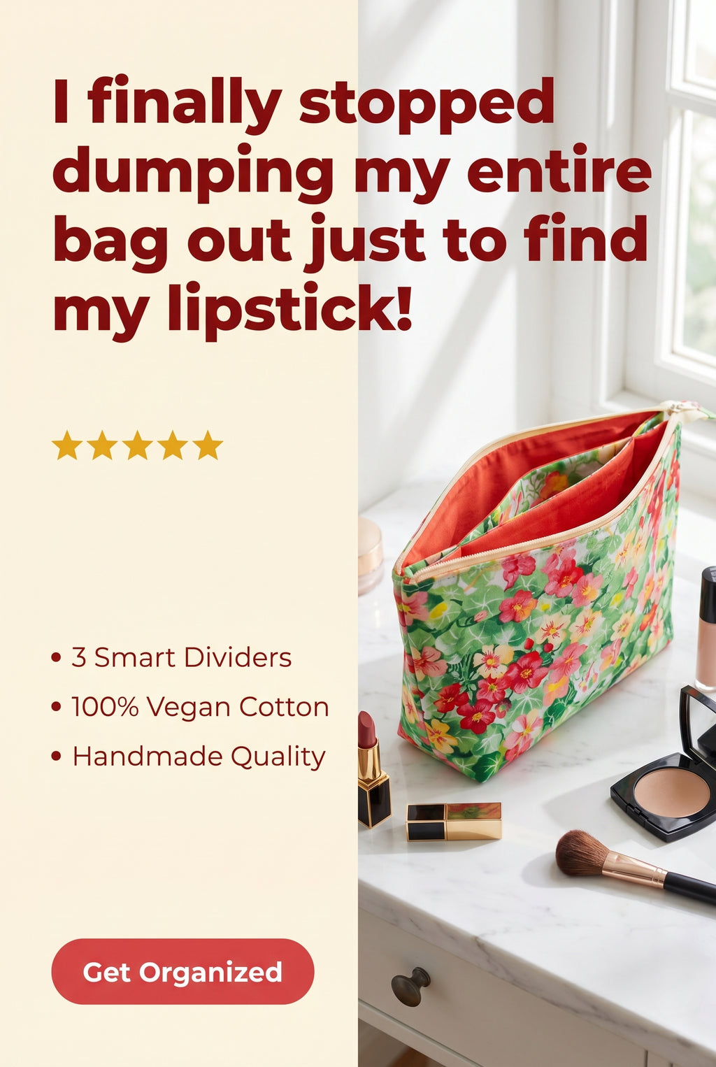 Fabric Makeup Bag with 3 Pouches & Zipper, Floral 100% Cotton