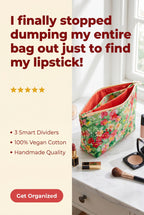 Fabric Makeup Bag with 3 Pouches & Zipper, Floral 100% Cotton