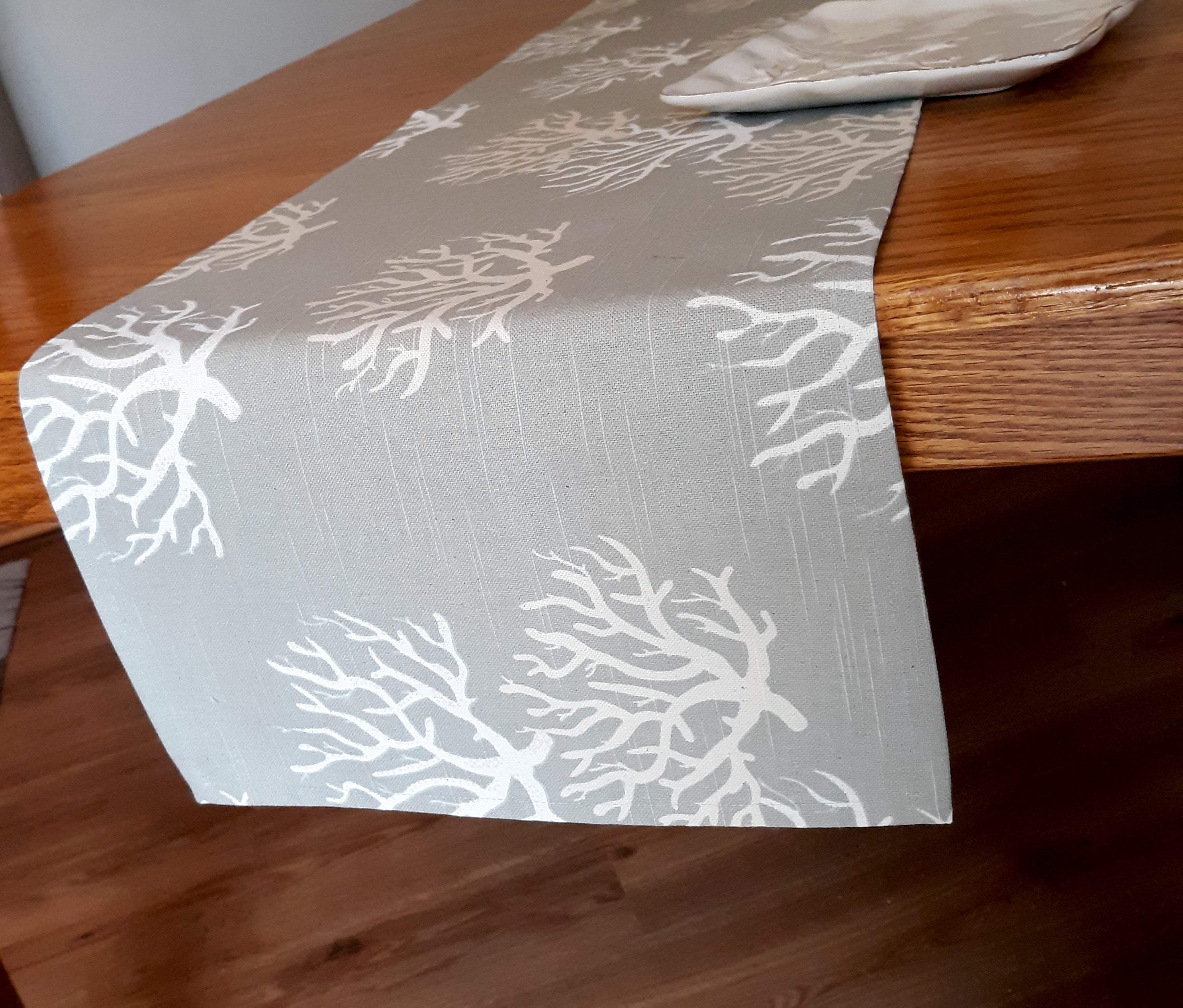 Coastal Table Runner, Sea Coral Print, Gray Beige 100% Cotton