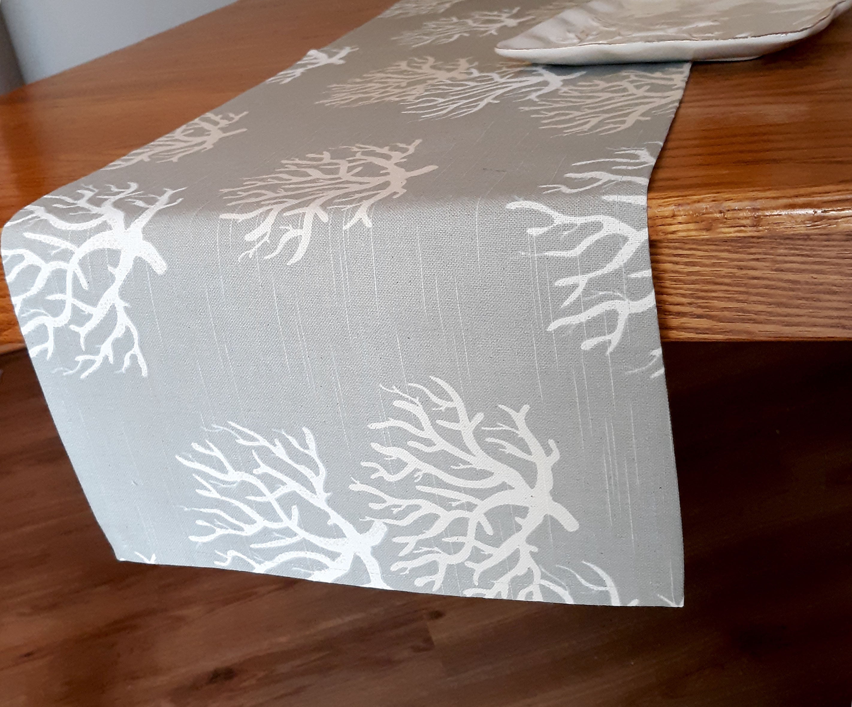Coastal Table Runner, Sea Coral Print, Gray Beige 100% Cotton
