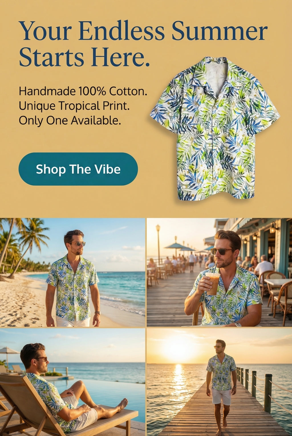 Men's Tropical Short Sleeve Shirt, 100% Cotton, Size M One-of-a-Kind