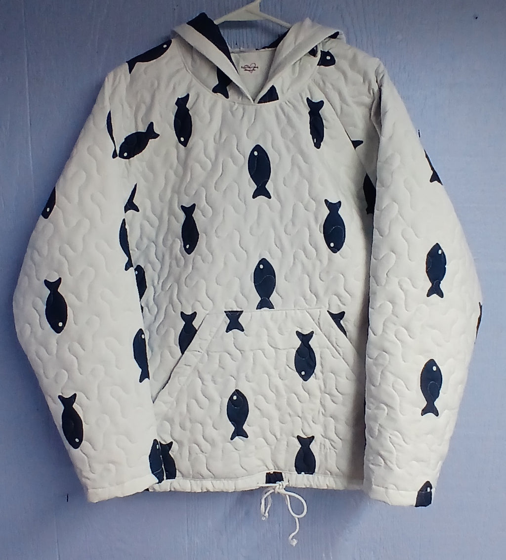 Upcycled Quilt Hoodie, Blue and White Fish Design