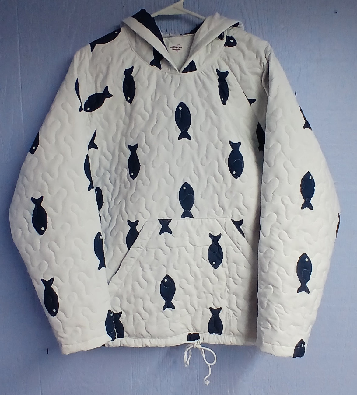 Upcycled Quilt Hoodie, Blue and White Fish Design