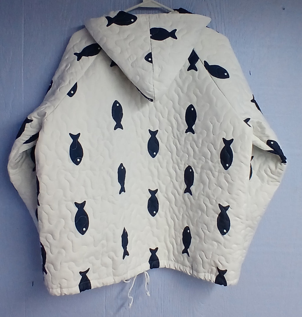 Upcycled Quilt Hoodie, Blue and White Fish Design