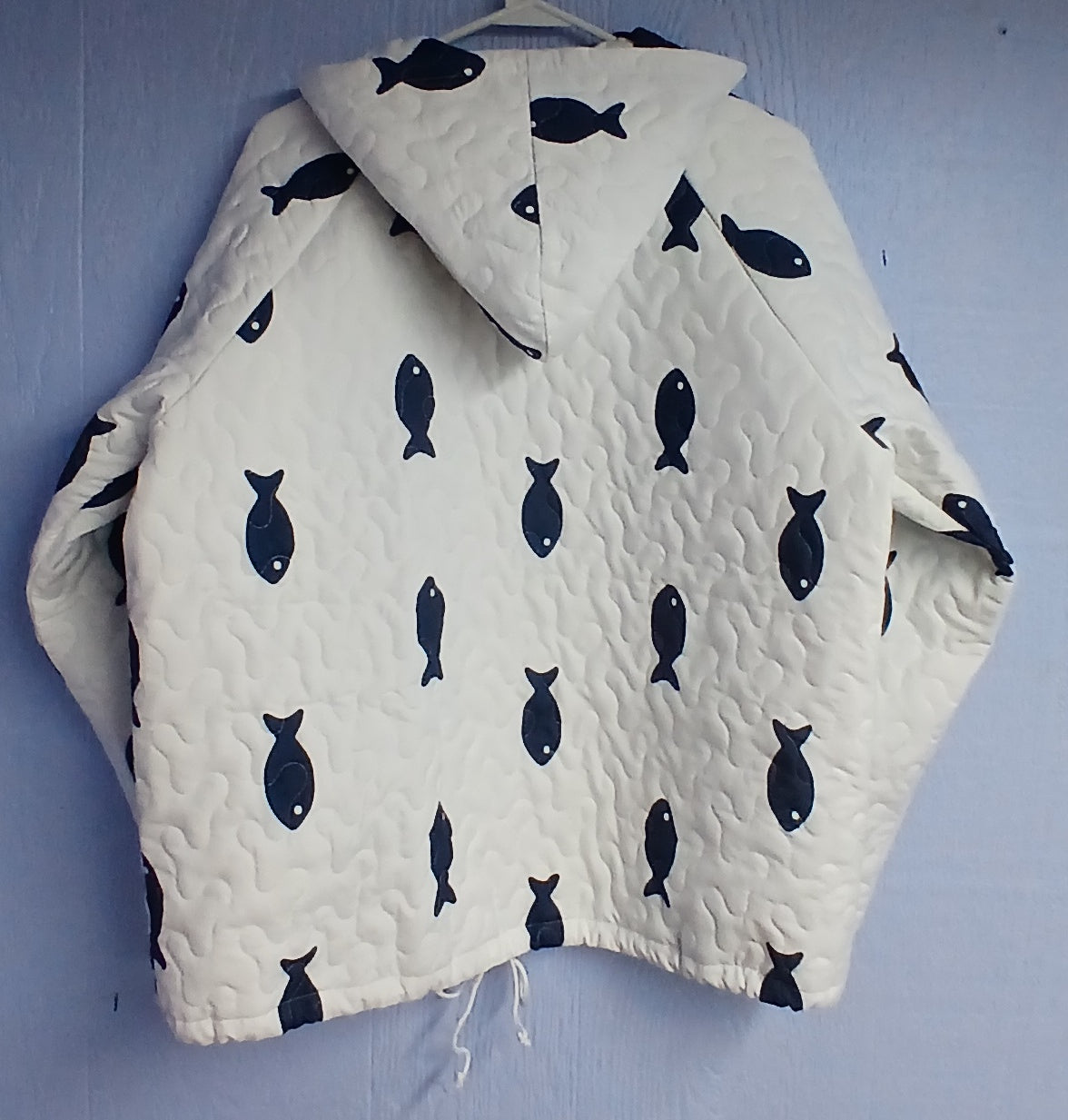 Upcycled Quilt Hoodie, Blue and White Fish Design