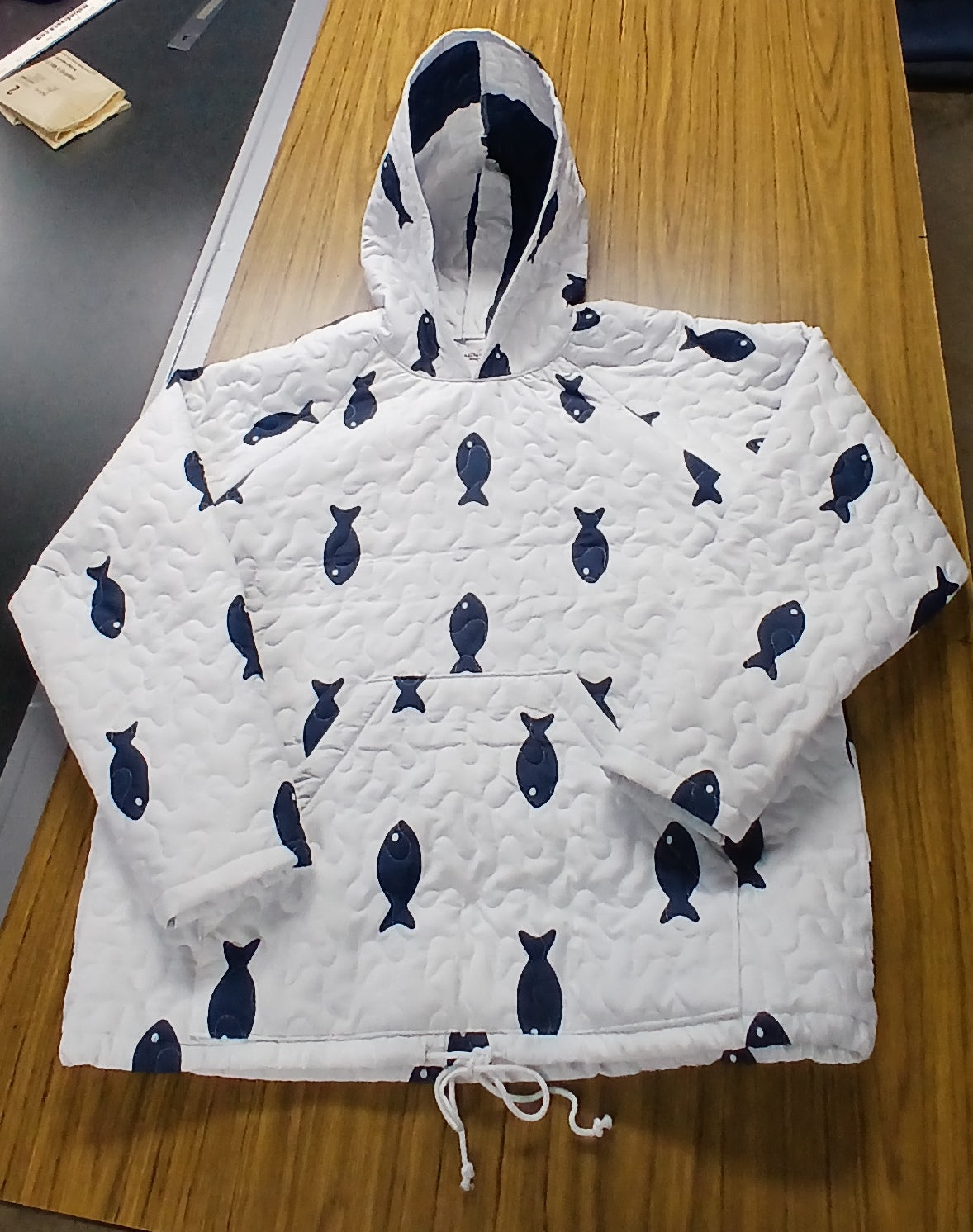 Upcycled Quilt Hoodie, Blue and White Fish Design