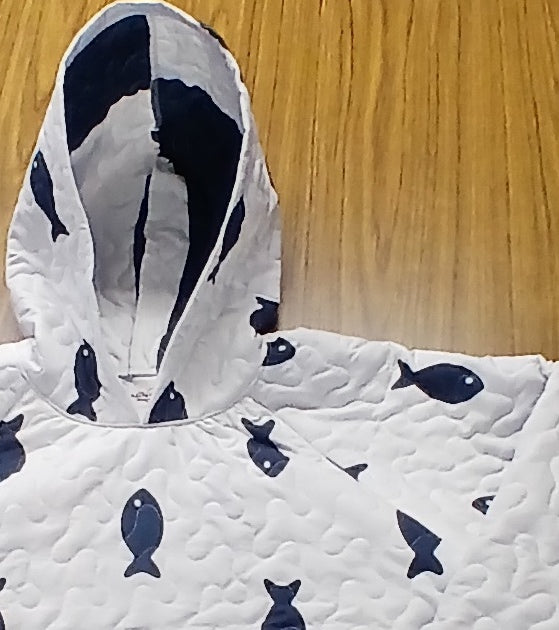 Upcycled Quilt Hoodie, Blue and White Fish Design