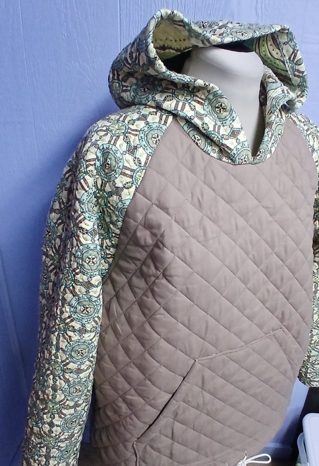 Upcycled Quilt Hoodie, Unisex, Taupe and Aqua Print