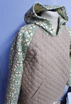 Upcycled Quilt Hoodie, Unisex, Taupe and Aqua Print
