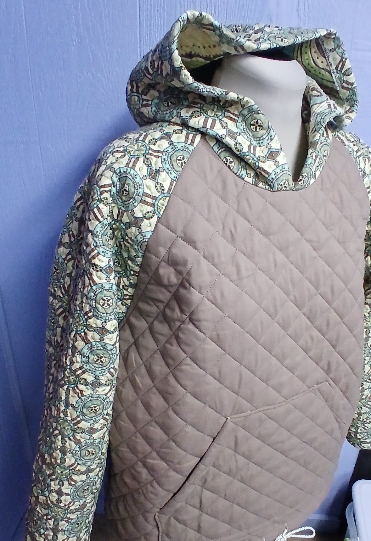 Upcycled Quilt Hoodie, Unisex, Taupe and Aqua Print