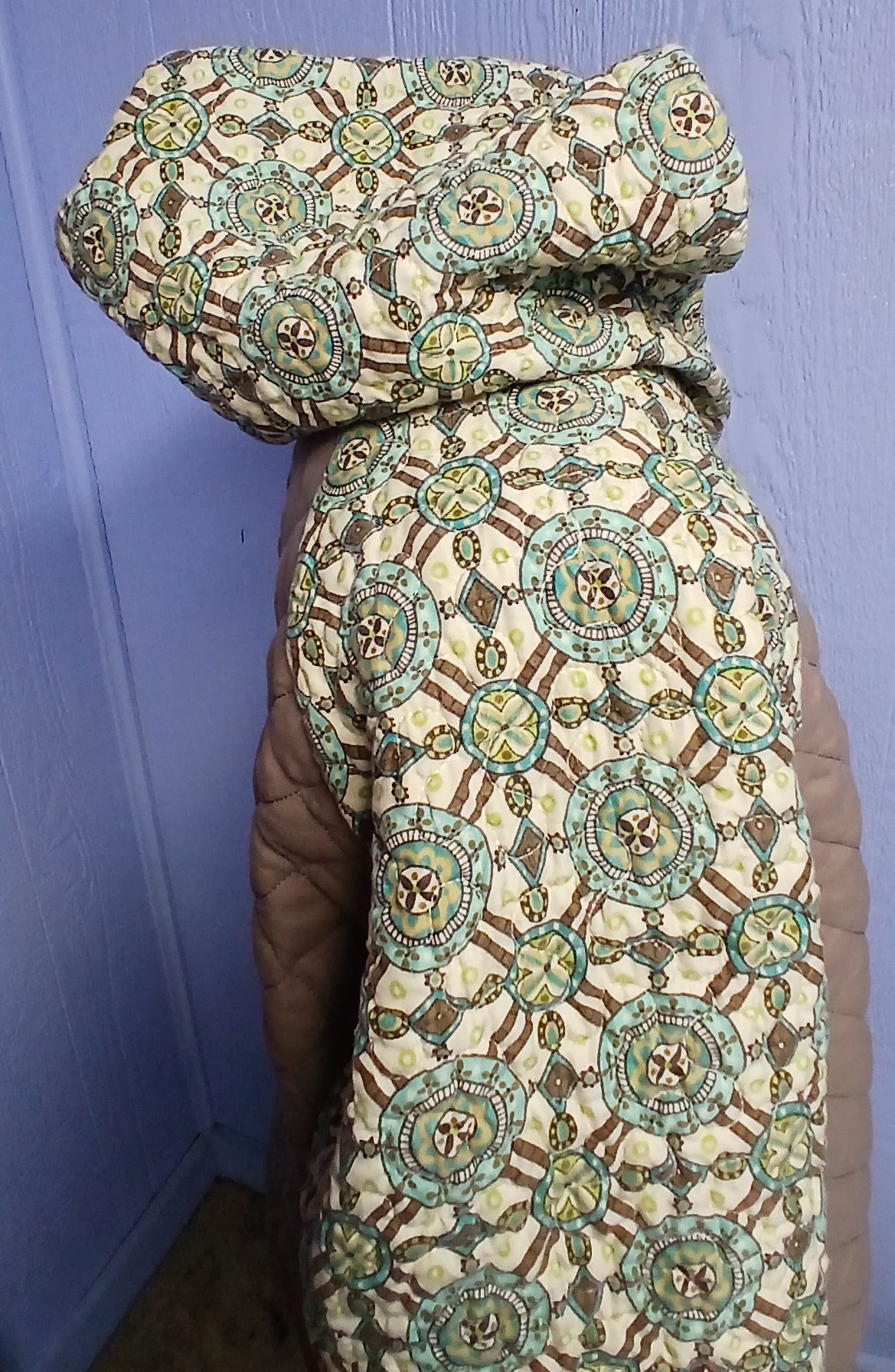 Upcycled Quilt Hoodie, Unisex, Taupe and Aqua Print
