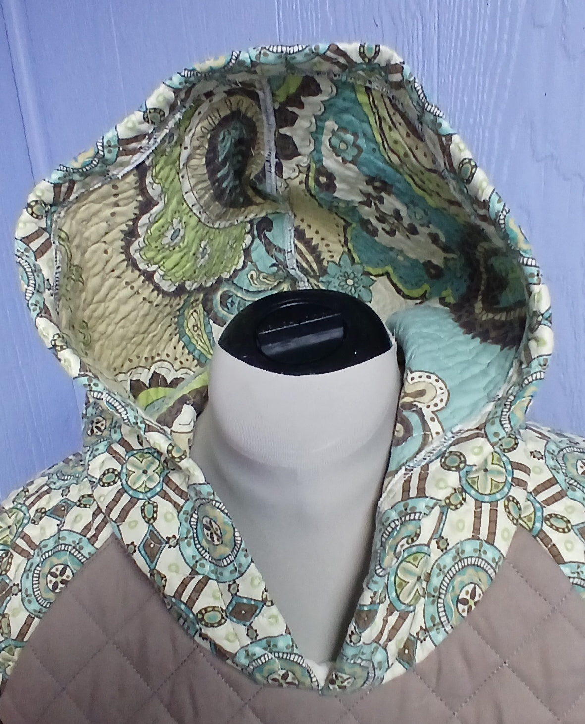 Upcycled Quilt Hoodie, Unisex, Taupe and Aqua Print