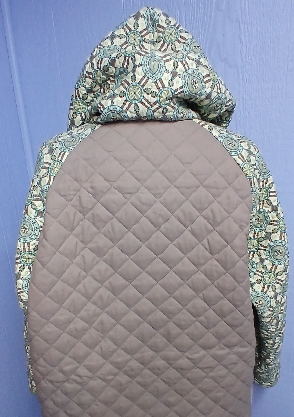 Upcycled Quilt Hoodie, Unisex, Taupe and Aqua Print