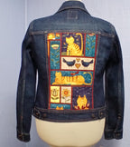 Upcycled Denim Jeans Jacket, Folk Art Cats Quilted Panel