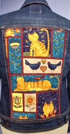Upcycled Denim Jeans Jacket, Folk Art Cats Quilted Panel