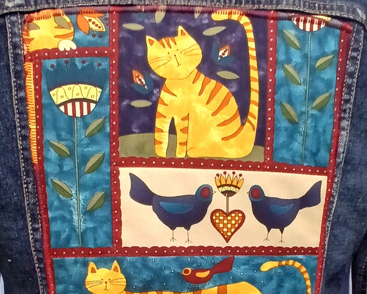 Upcycled Denim Jeans Jacket, Folk Art Cats Quilted Panel