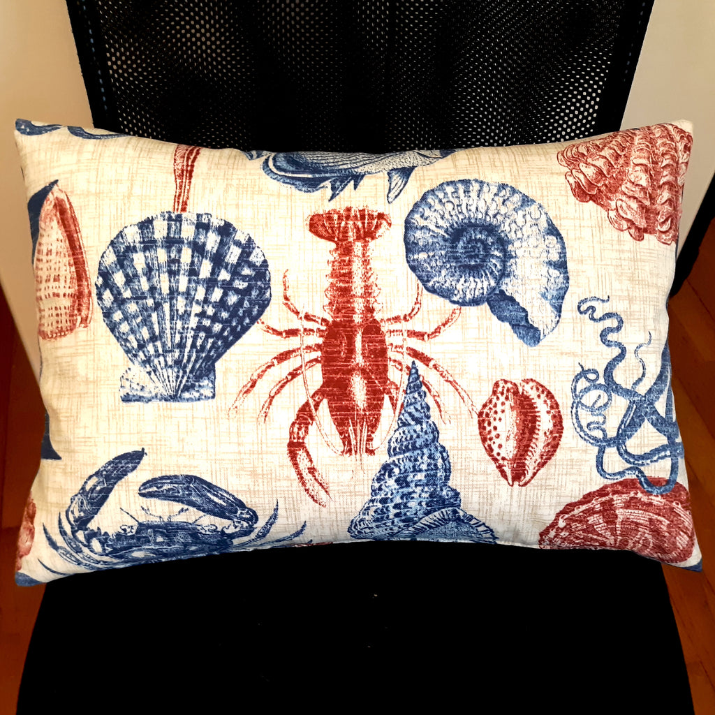 Sea Life Coastal Throw Pillow Cover | Indoor/Outdoor | Handmade | Red & Blue Marine Print