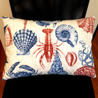 Sea Life Coastal Throw Pillow Cover | Indoor/Outdoor | Handmade | Red & Blue Marine Print