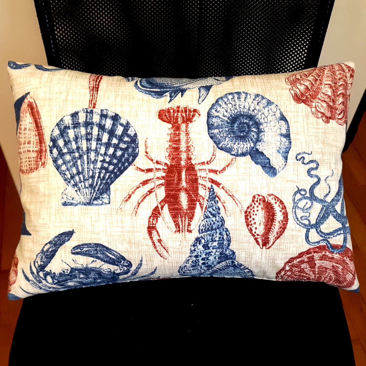 Sea Life Coastal Throw Pillow Cover | Indoor/Outdoor | Handmade | Red & Blue Marine Print