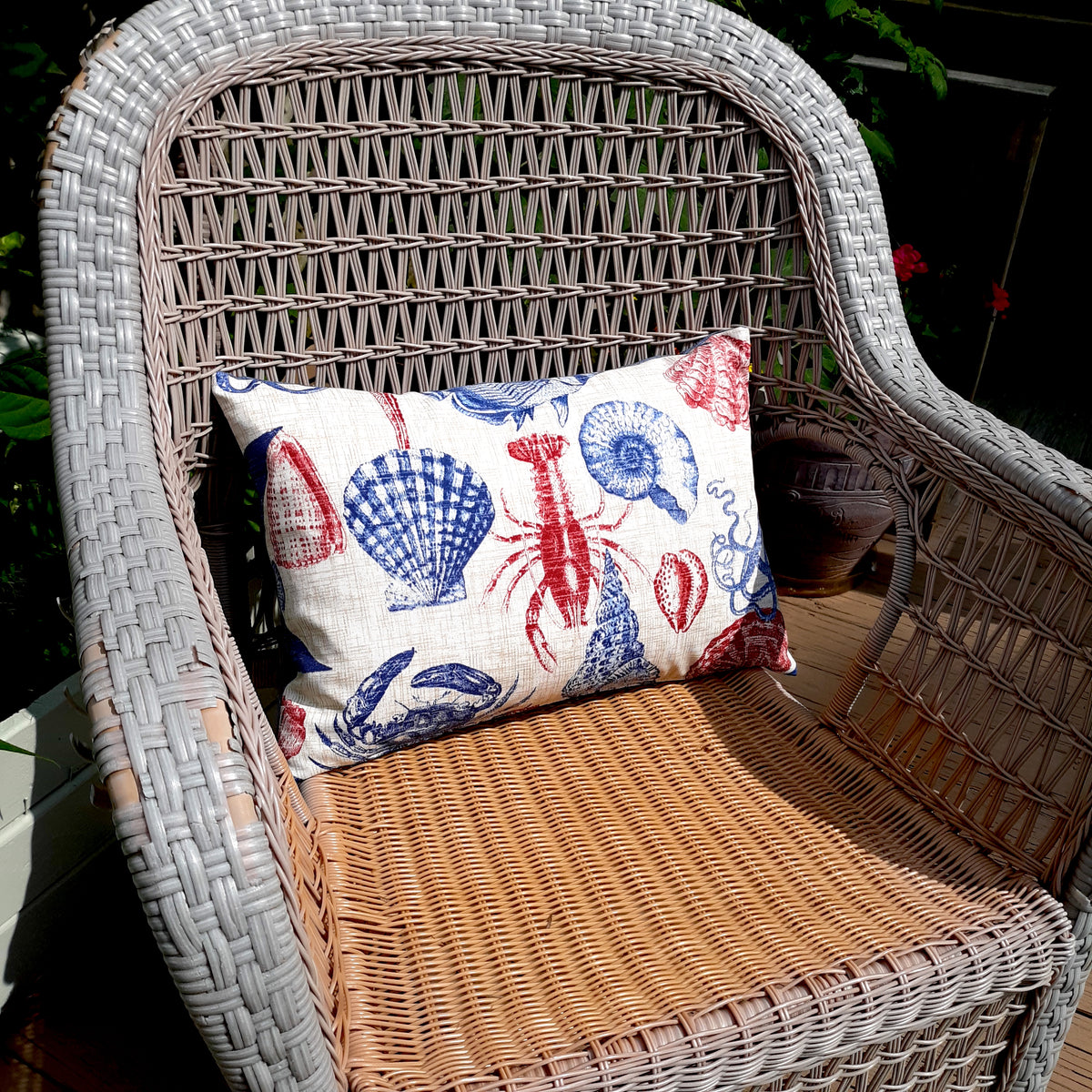 Sea Life Coastal Throw Pillow Cover | Indoor/Outdoor | Handmade | Red & Blue Marine Print