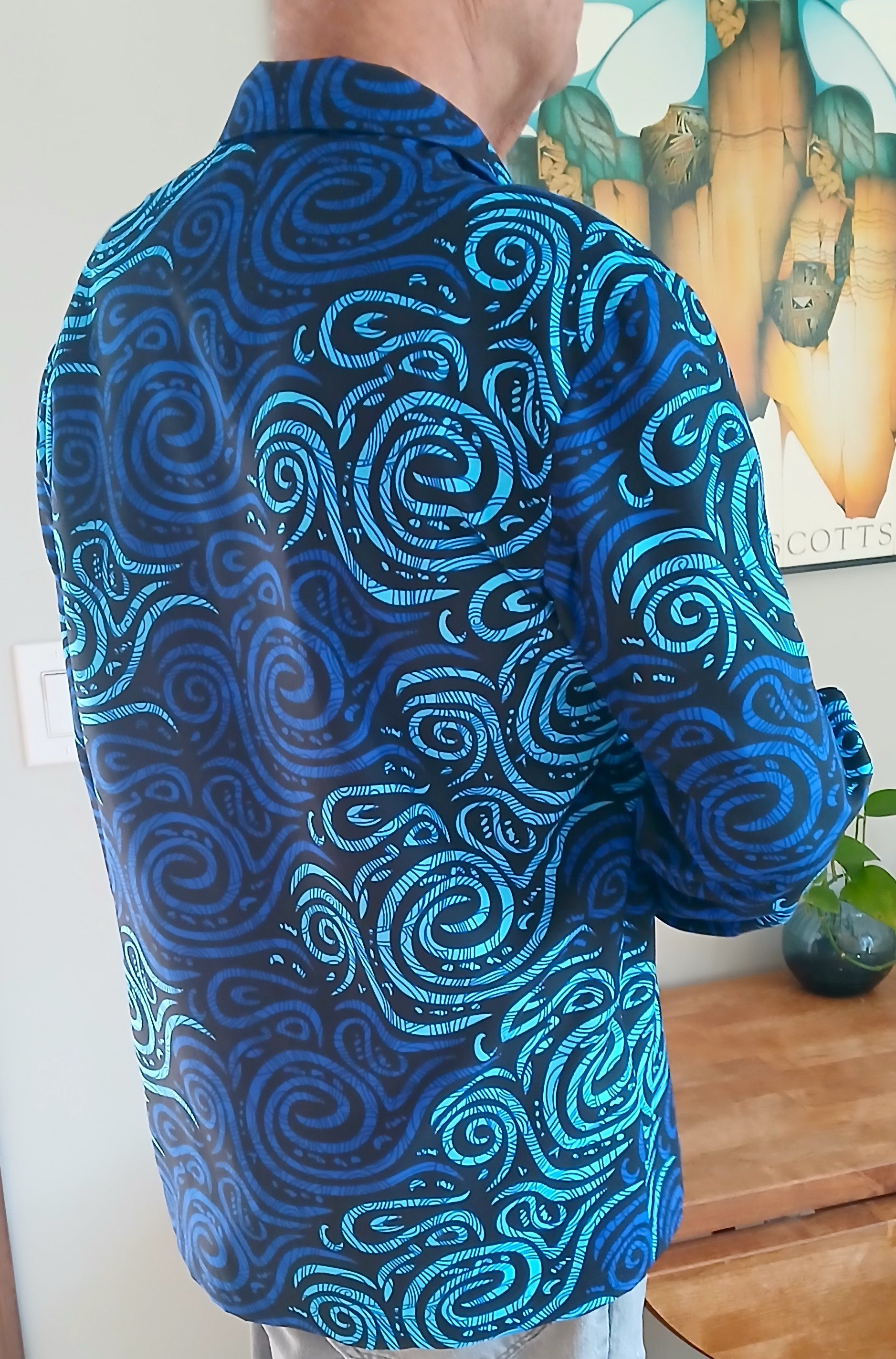 Men's African Wax Print Long Sleeve Shirt, Blue Black