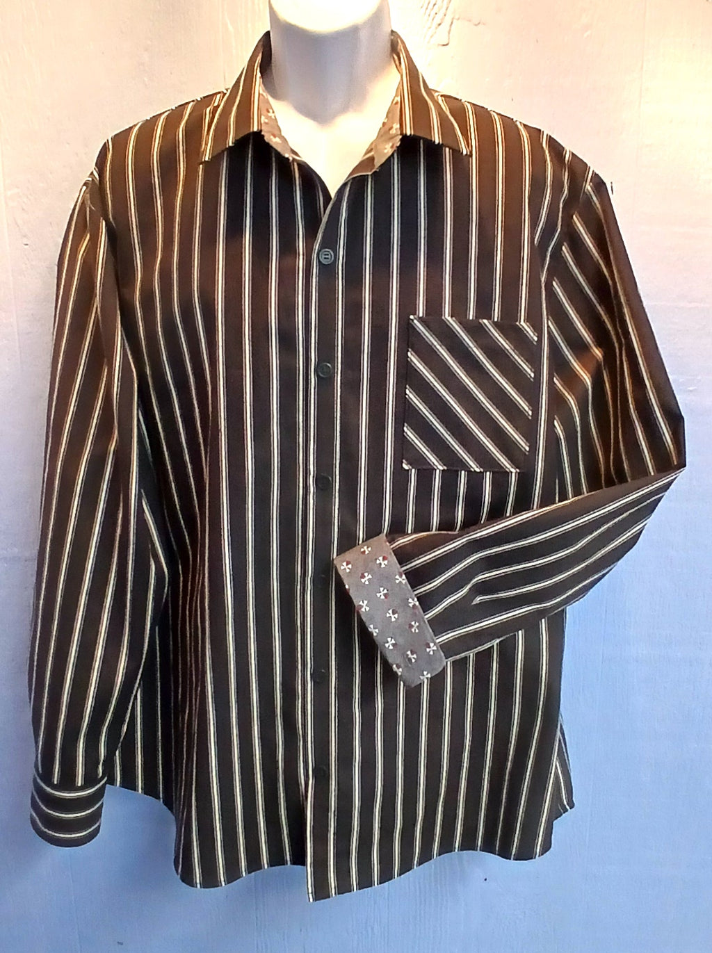 Handmade Men's Black & White Stripe Cotton Shirt | Dog Dad Gift | Doggie Bone Cuff Detail