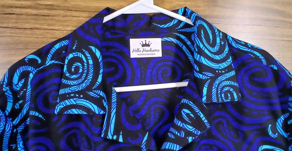 Men's African Wax Print Long Sleeve Shirt, Blue Black