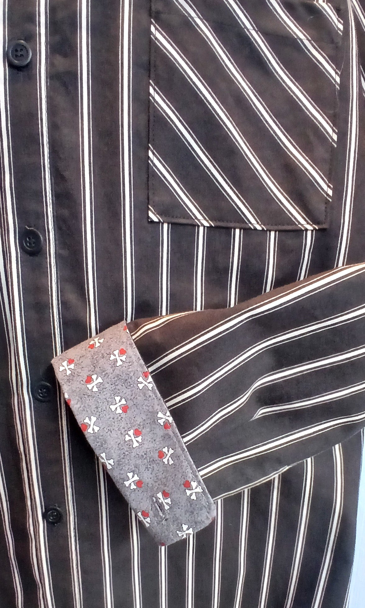 Handmade Men's Black & White Stripe Cotton Shirt | Dog Dad Gift | Doggie Bone Cuff Detail