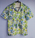 Handmade Tropical Print Short Sleeve Button-Up Shirt, 100% Cotton, Size Medium, Blue Green Leaf Print
