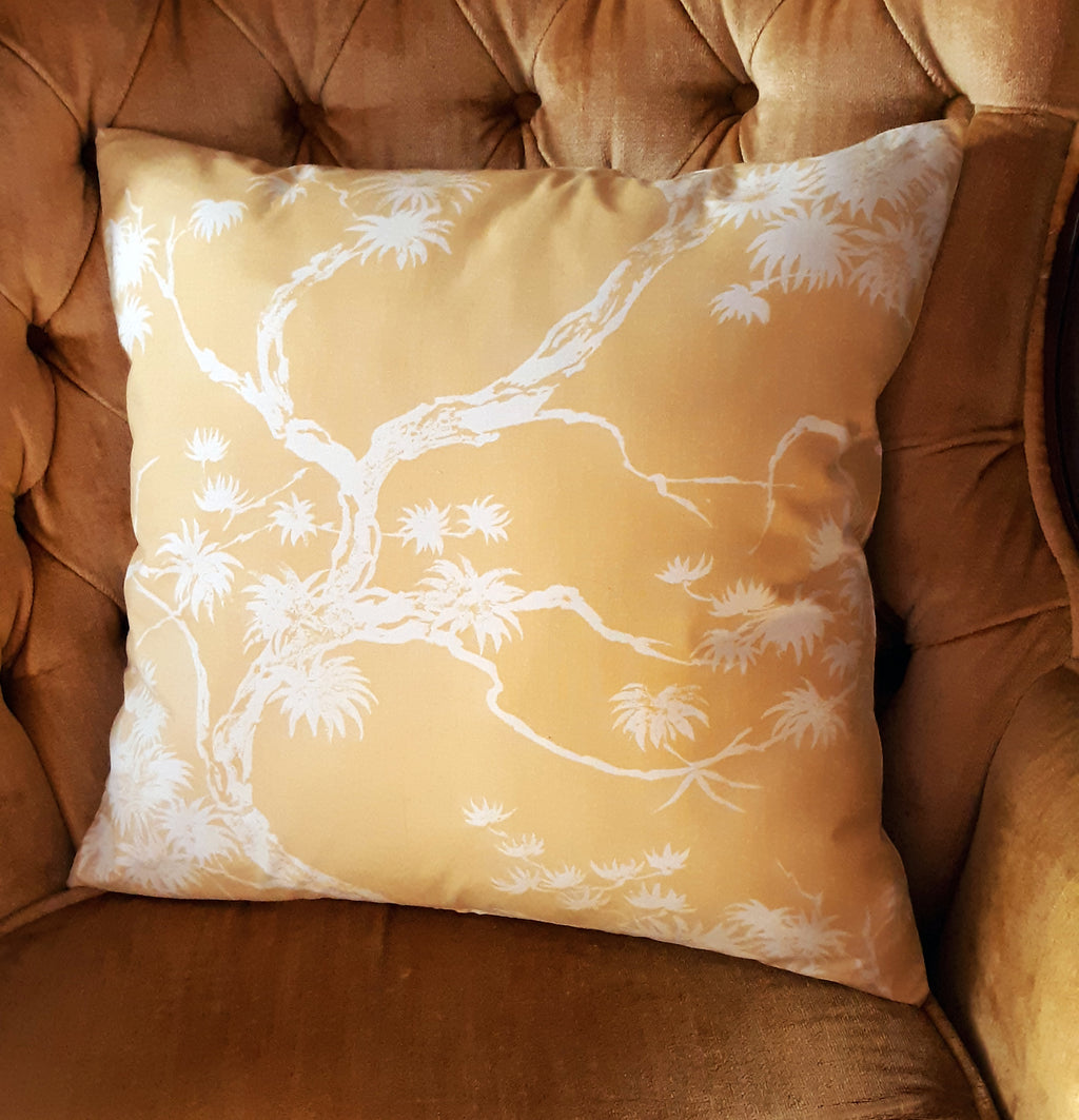 Handmade Chinoiserie Bonsai Throw Pillow Cover, 18"x18", White Pine on Warm Yellow, Polished Cotton