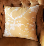 Handmade Chinoiserie Bonsai Throw Pillow Cover, 18"x18", White Pine on Warm Yellow, Polished Cotton