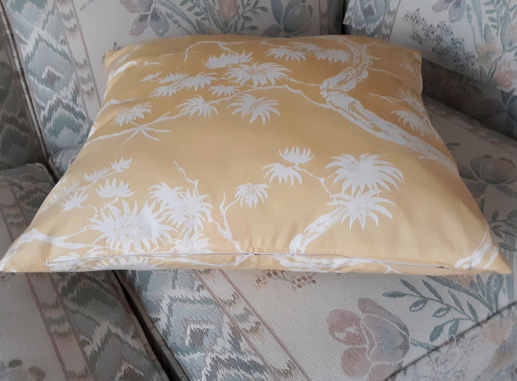 Handmade Chinoiserie Bonsai Throw Pillow Cover, 18"x18", White Pine on Warm Yellow, Polished Cotton