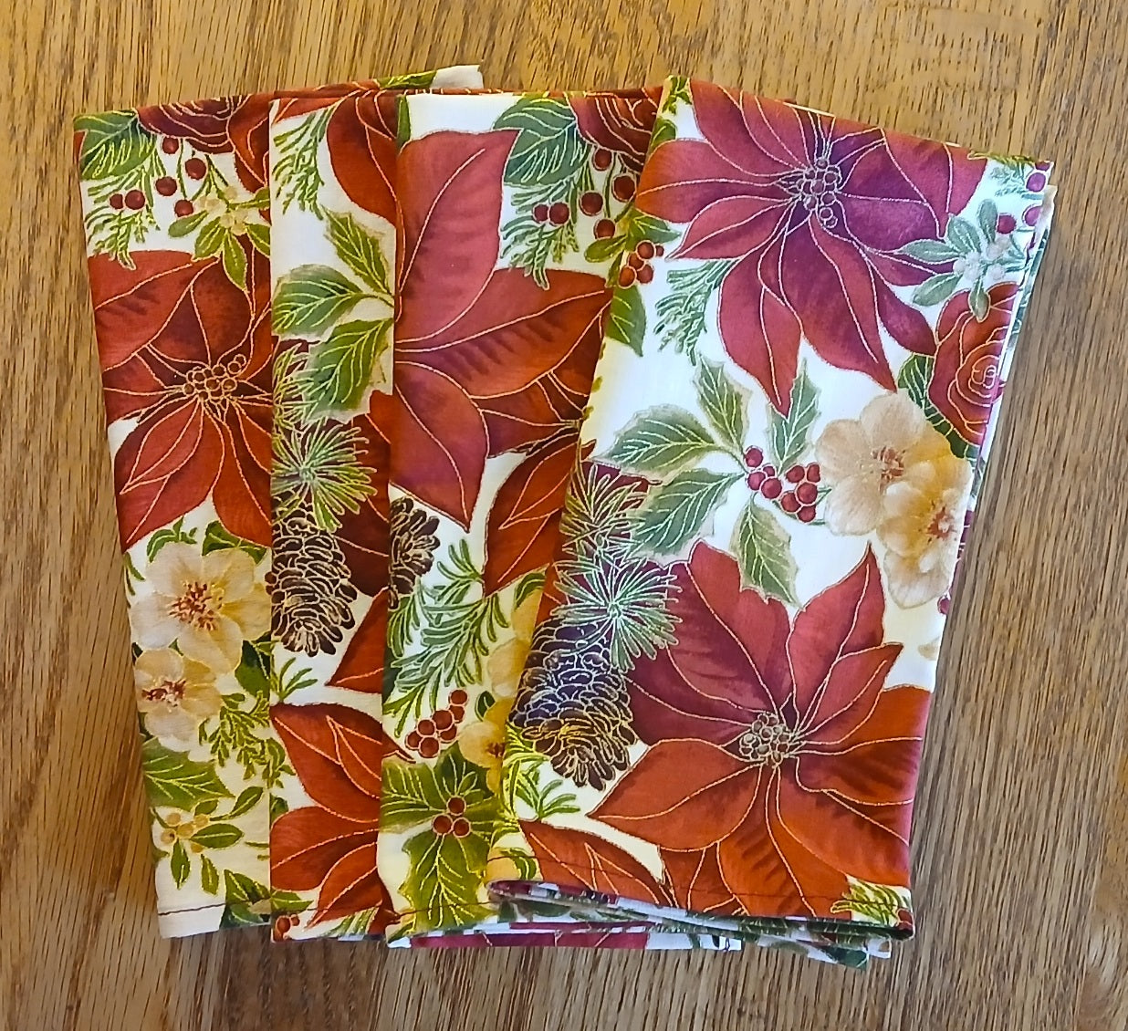 Cloth Dinner Napkins, Holiday Cotton Print Poinsettia, Set of 4