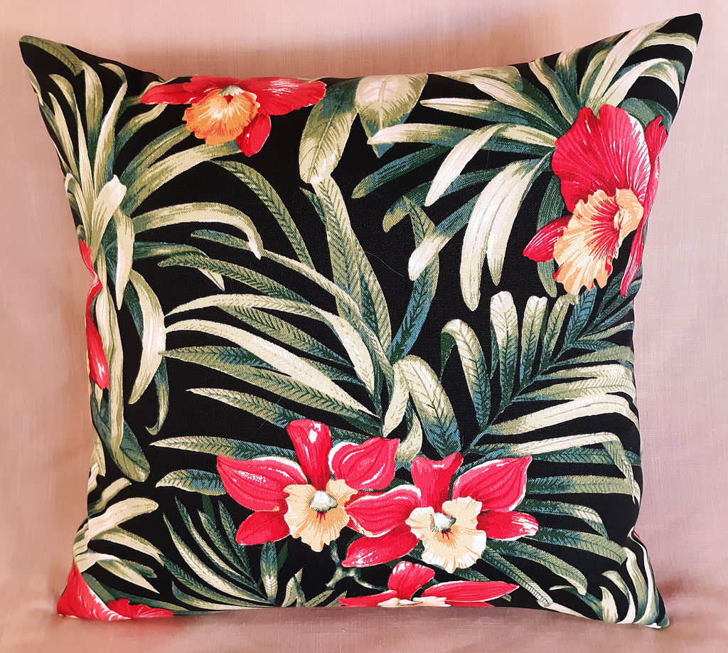 Orchids Throw Pillow Cover, Waterproof Outdoor Fabric, Red, Black Green