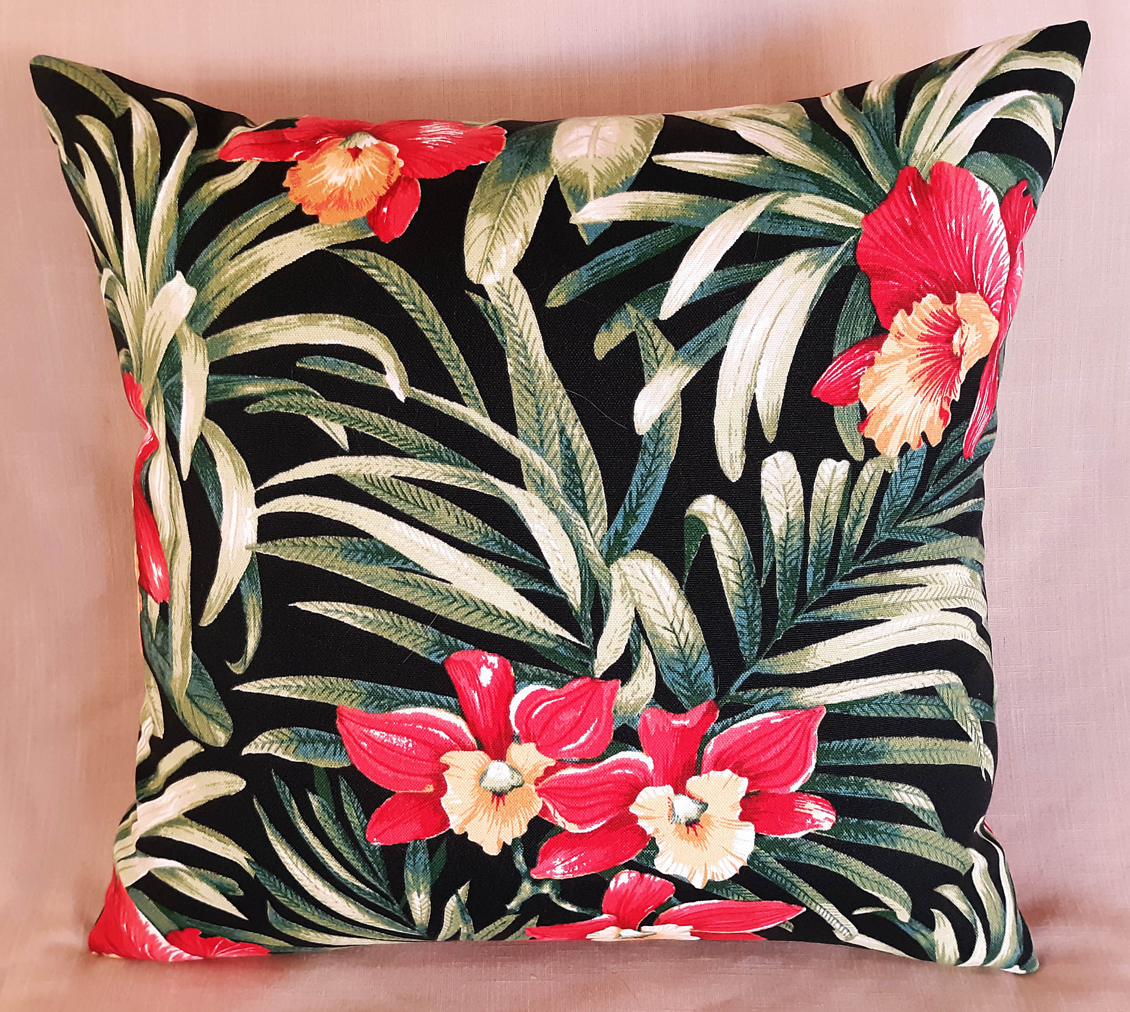 Orchids Throw Pillow Cover, Waterproof Outdoor Fabric, Red, Black Green